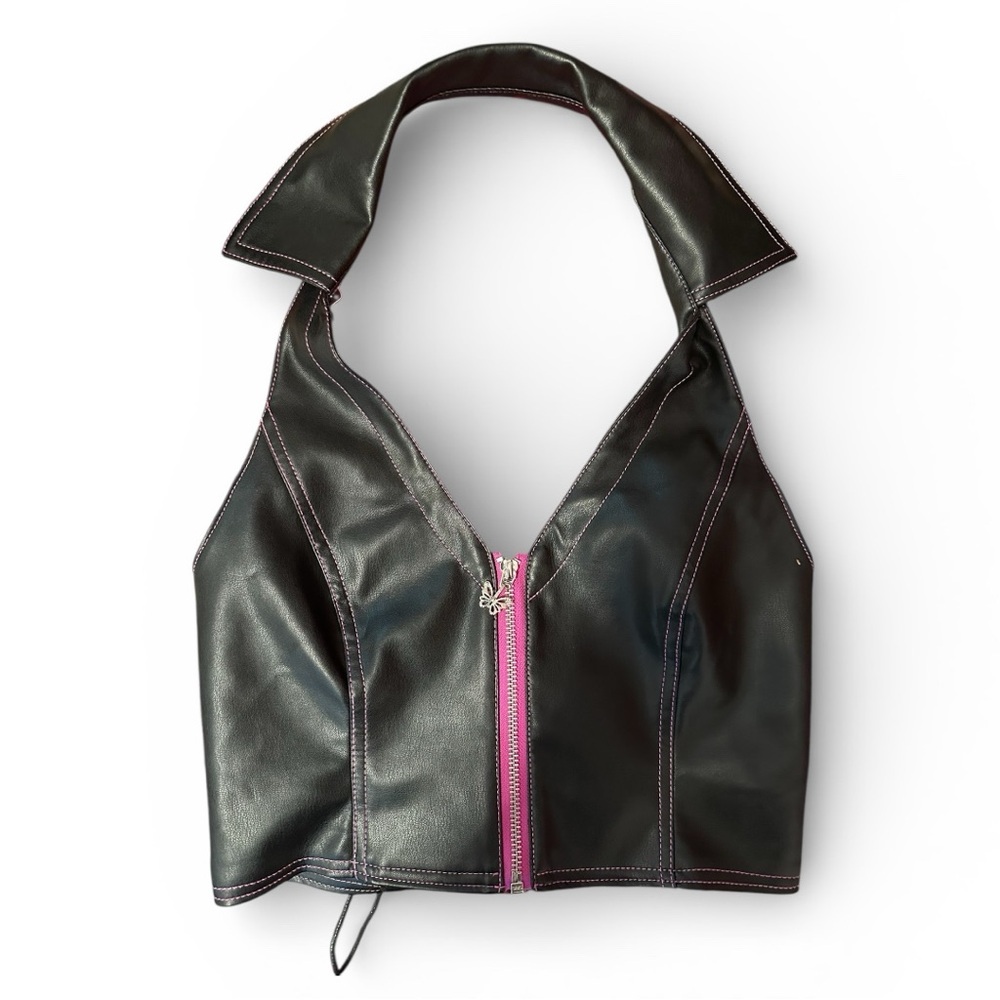 dELiA*s/Dolls Kill Black Faux Leather Zip Front/ Corset Top w Pink Stitching S
